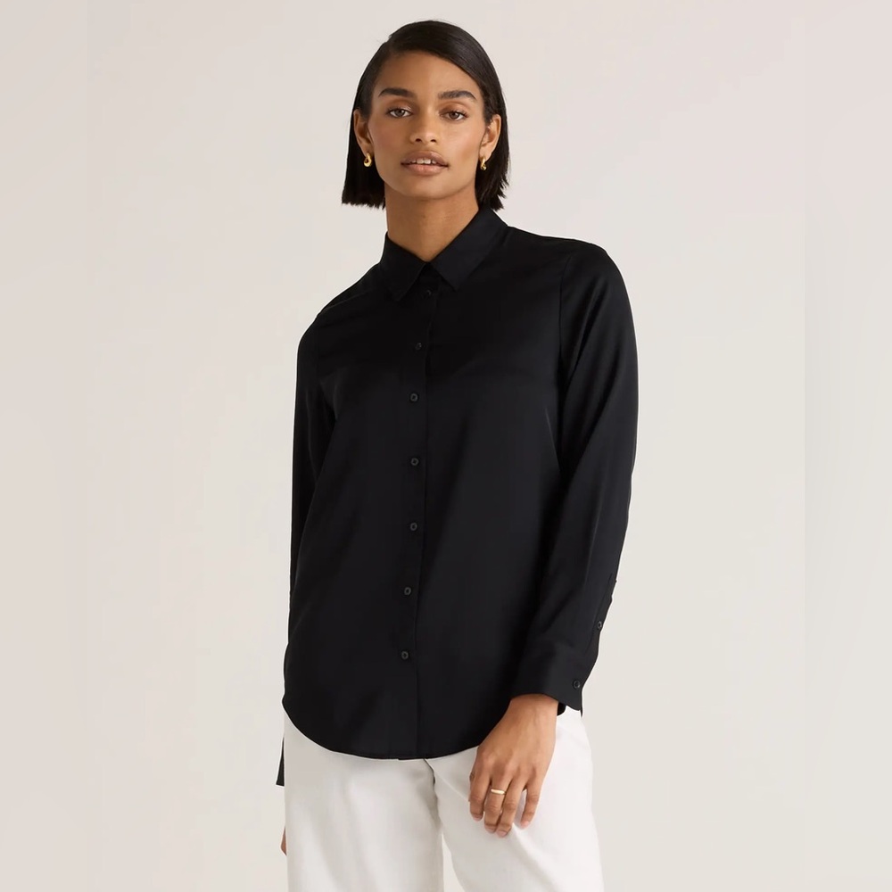 Quince black washable stretch silk blouse XL